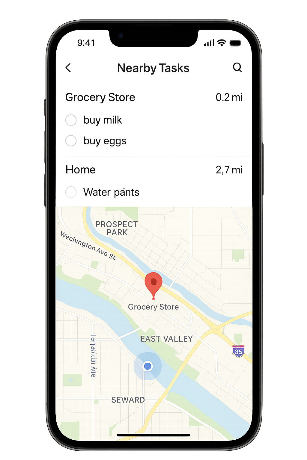 iOS app interface showing location-based tasks and map view